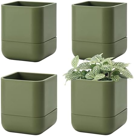 Phoenix Vine 4.5 Inch Wall Mounted Self-Watering Planter Pot for Indoor Houseplants and Herbs | Hanging Planter for Window Sills, Bathroom Walls, Home & Office Décor, Olive, Set of 4, 01-B-F-4 by Phoenix+Vine