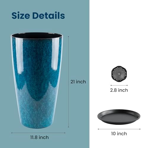 21 inch Tall Planter, Indoor Outdoor Planter Set of 2 Tall Outdoor Planters for Porch Large Planter Pot with Drainage Hole for Home Garden Front Door (Deep Blue) - Image 2