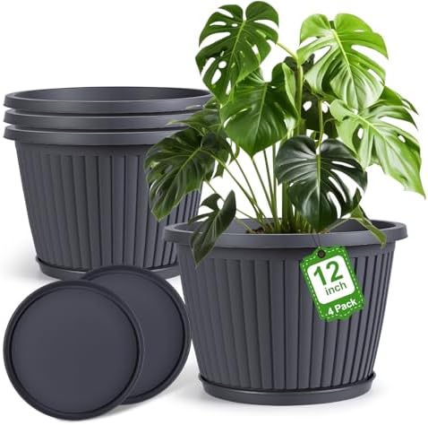 12-inch-Planters-for-Outdoor-Plant，Plastic Indoor Flower Pots with Drainage Holes & Saucer, 4 Packs Decorative Garden Pots for Plantfor Home Porch Decor by FlowyypoPlantPot