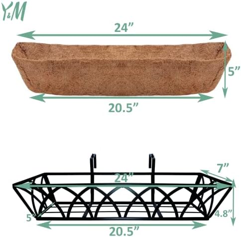 Y&M 4pcs 24 Inch Planter, Metal Window Boxes with Coco Liner, Indoor Outdoor Hanging Flower Planter for Garden, Lawn, Balcony, Porch, Fence, Patio Rail - Image 3