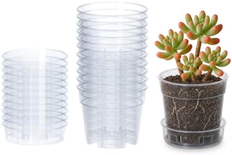3 Inch Clear Plastic Plant Pot with Drainage Holes, Interlocking & Detachable Tray - Deep Saucer - Durable BPA-Free Plastic, Transparent Design, Raised Base for Airflow, Set of 12, 92-X-B-1 by Phoenix+Vine