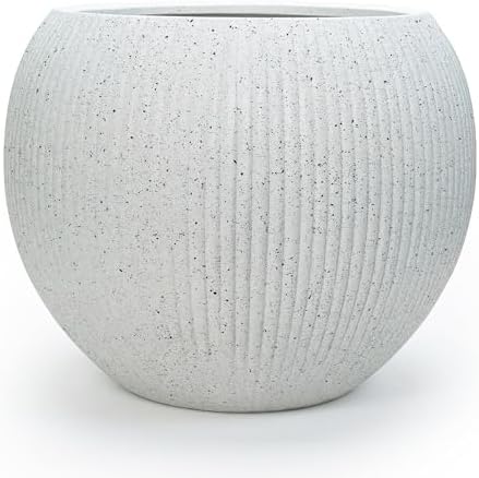 DTY Premium Mt Sherman Fiberstone Sphere Planter for Indoor Outdoor Use, Round Pot for Olive Tree, Lightweight, Smooth Finishes. 2 Coco Mats. Ribbed White, Medium 16.1'' D x 13.6'' H 11.8” Pot Opening by DTY