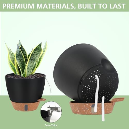 Self Watering Pots with Water Level Indicator, 12" 10" 9" 8" Large Plastic Flower Pots with Mesh Drainage Hole and Removable Saucer Reservoir for Indoor Outdoor Plants 4pcs （Black - Image 5