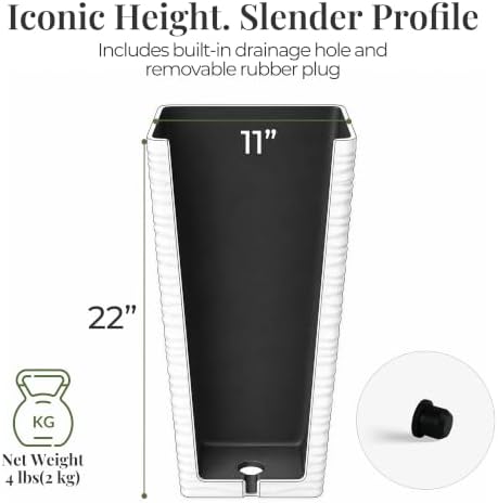 Worth Garden 22" Tall Planters Set of 2 - Plastic White Square Plant Pots with Drainage Hole - Modern Large Tapered Matte Wavy Tree Flower Pot for Indoor Outdoor Porch Deck - Image 6