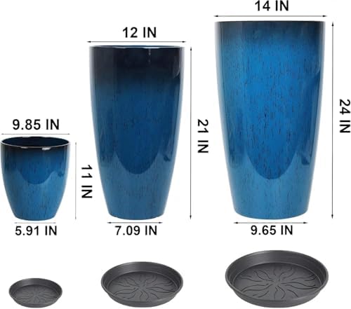 24,21,11 Inch Large Plastic Planters with Drainage Hole and Saucer - Set of 3 Tall Plant Pots Indoor Flower Pot Tall Round Planters Outdoor Large Tall Planter - Image 2
