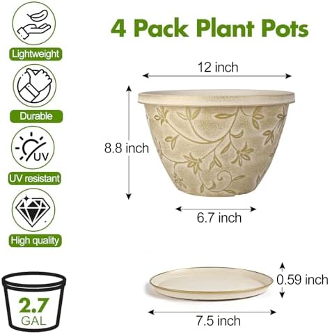 4 Pack 12 Inch Pots for Plants, Plastic Flower Pots Outdoor Indoor, Beige - Image 2