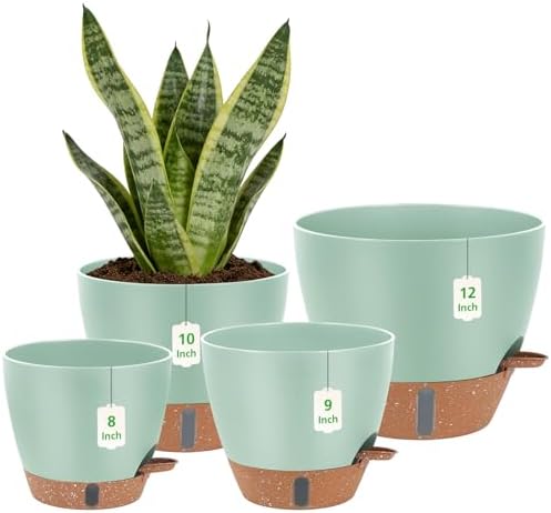 Self Watering Pots with Water Level Indicator, 12" 10" 9" 8" Large Plastic Flower Pots with Mesh Drainage Hole and Removable Saucer Reservoir for Indoor Outdoor Plants (Green) by ZDZDFF