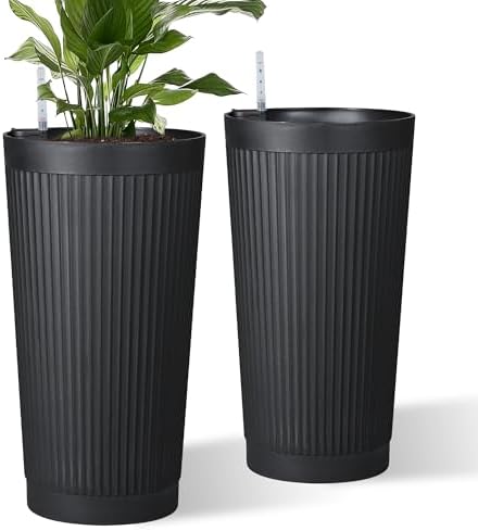 Self Watering Tall Planters Set of 2, Black Round by Unknown