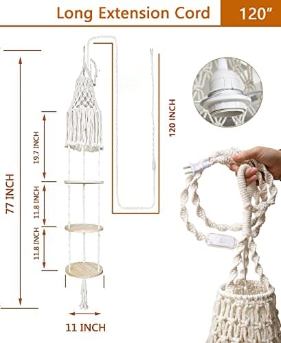 YKBU Macrame Plant Hanger Shelf Hanging Rope Shelf Indoor with Boho Lamp Shade 3 Tier Floating Round Shelves Decorative Shelf Flower Pot Holder Planter Display Rack Boho Home Decor-1 Set - Image 6