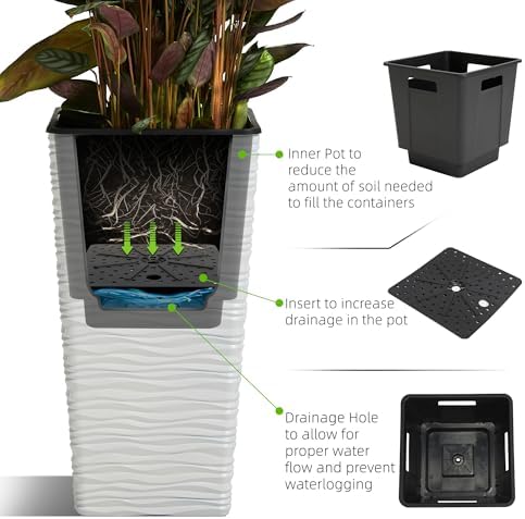 Worth Garden 2-Pack 22" H. White Square Tapered Planter with Inside Pots - Plastic Plant Pots for Indoor Outdoor - Modern Wavy Finish Decorative Flower Pots for Front Porch Containers Patio Deck - Image 5
