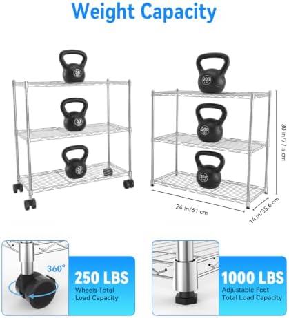 Whitmor 3 Tier Storage Shelves, Heavy Duty with Wheels, 200 lbs Capacity per Shelf, Max 600 lbs Total, Adjustable Shelving Unit for Garage, Kitchen, Bathroom, 24" L x 14" W x 30.5" H, Chrome - Image 3