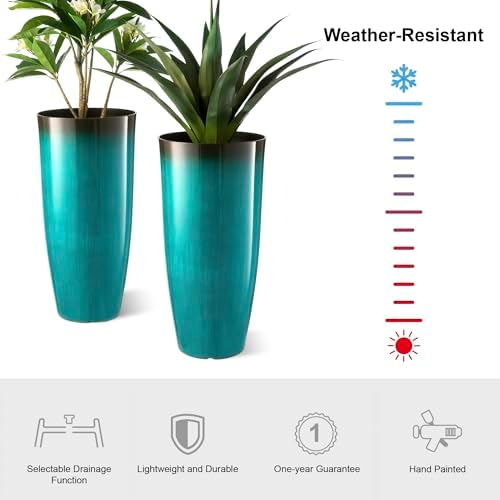 Glitzhome 30" H Tall Outdoor Planter, Set of 2 Large Tall Planters with Gradient Turquoise Faux Ceramic Finish, Plastic Large Flower Pots for Porch Garden Indoor All Season Decor,with Drainage Holes - Image 3