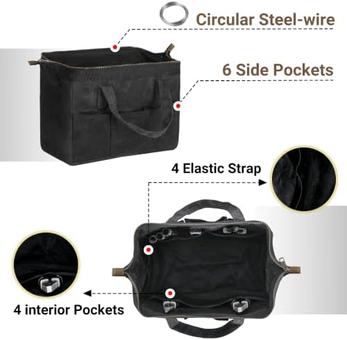 Tool Bag with Zipper, Heavy Duty 16oz Waxed Canvas Wide Mouth Tool Tote Bag, 13-inch Muti-Purpose Storage Tool Pouch with Side Pockets - Image 5