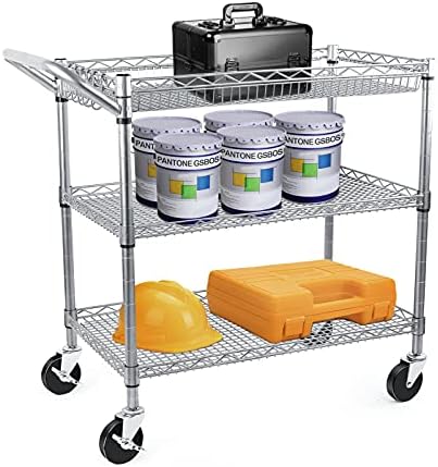 WDT Heavy Duty 3 Tier Utility Cart,Wire Rolling Carts with Wheels, Commercial Grade Service Cart with Shelving Liners and Handle Bar Metal Carts for Kitchen Office Hardware - Image 3