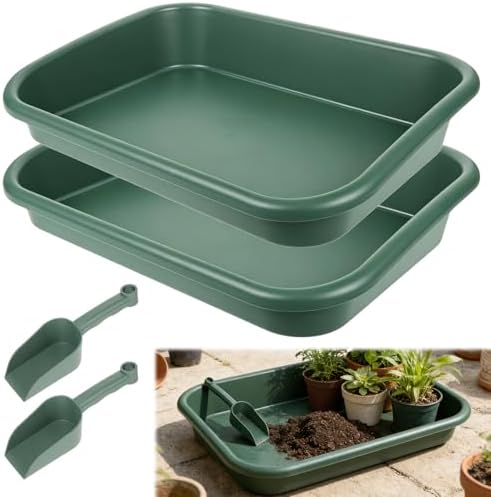 Rainmae 2 Set Garden Tidy Trays with Shovels, Large Potting Tray for Seeding, Mixing Soil and Repotting, One-Piece Gardening Tray for Succulents, Cactus and Indoor Plants, 23 x 13.6 x 4.5 Inch, Green by Rainmae