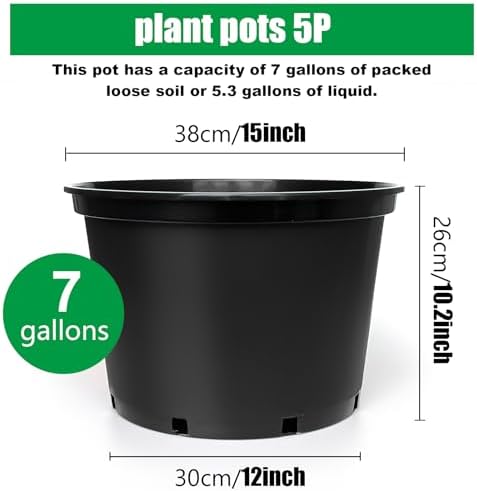 RooTrimmer 7 Gallon Plastic Nursery Pots, 15 Inch Large Plastic Pots for Plants, Round Plant Pots with Drainage Holes, Flower Pots for Outdoor Indoor Plants, Gardening Gifts for Women (5-Pack, Black) - Image 2