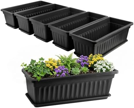 GREANER Rectangle Planters for Indoor Plants, 6 Pack 16.9x7.48 Inch Large Vegetable Flower Herb Window Boxes, Outdoor Plastic Growing Pots with Tray for House Windowsill Balcony Garden Use (Black) by GREANER