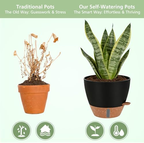 Self Watering Pots with Water Level Indicator, 12" 10" 9" 8" Large Plastic Flower Pots with Mesh Drainage Hole and Removable Saucer Reservoir for Indoor Outdoor Plants 4pcs （Black - Image 4