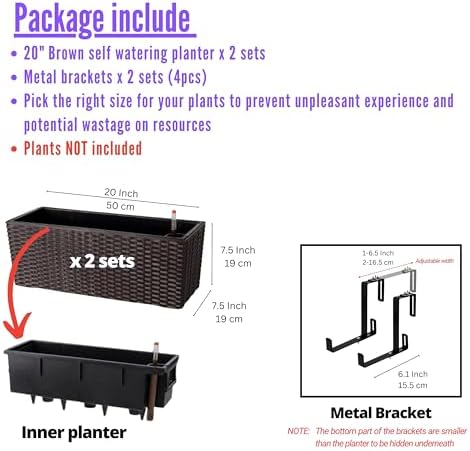 LaLaGreen Outdoor Rail Planter for Balcony (20 Inch, 2 Pack) Large Black Self Watering Railing Planters with Brackets, Rectangular Plastic Window Flower Box Fence Designer Choice with Rattan Pattern - Image 2