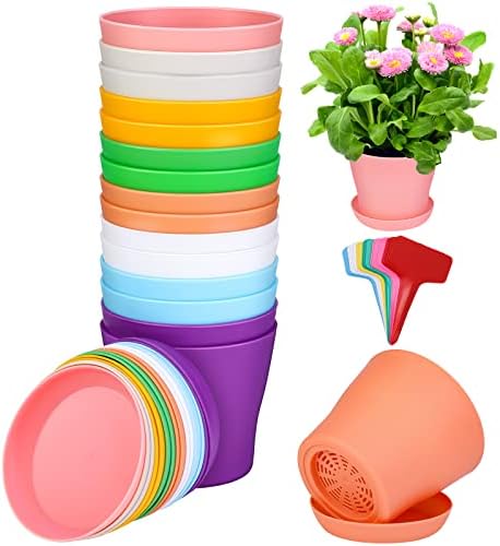 ADXCO 16 Pack 4 Inch Plastic Planters Assorted Flower Plant Pots Seedling Nursery Pots with Tray, Outdoor Indoor Plants for Seedling, Transplanting, Cutting, 8 Colors, Multicolor (AX1772) by ADXCO