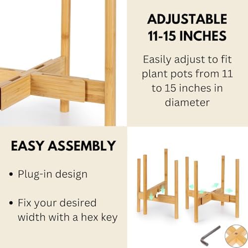 Fox & Fern Large Adjustable Plant Stand Indoor, Bamboo Stand, 11 - 15 Inch - Image 3