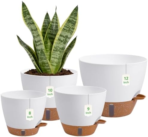 Self Watering Pots with Water Level Indicator, 12" 10" 9" 8" Large Plastic Flower Pots with Mesh Drainage Hole and Removable Saucer Reservoir for Indoor Outdoor Plants (White) by ZDZDFF
