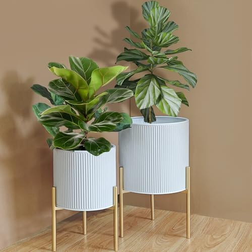 ARNIS Modern Plant Pots, Set of 2 Round Large Planters with Stand, Large Size Metal Pots with Drainage Holes for Living Room, Office, Garden or Balcony, 10.5 &12.25 Inch, White & Gold - Image 6
