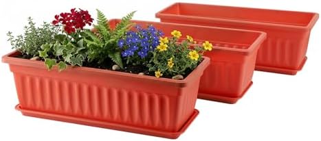 GREANER Long Planters for Outdoor Plants, 3 Pack 16.9x7.48 Inch Flower Windowsill Plastic Countryside Vegetable Box Pot with Tray for Plant Growing DIY in Garden, Balcony, Houses - Red by GREANER