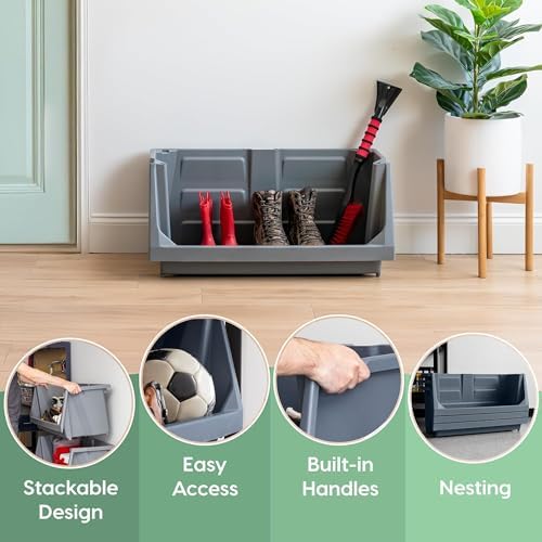 IRIS USA 6 Pack Open Front Storage Bins, Jumbo Heavy Duty Stackable Garage Storage Bins with Handles, Interlocking Design, Dark Gray - Image 4