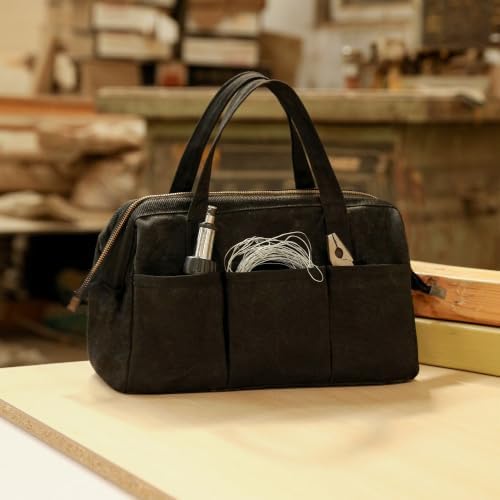 Tool Bag with Zipper, Heavy Duty 16oz Waxed Canvas Wide Mouth Tool Tote Bag, 13-inch Muti-Purpose Storage Tool Pouch with Side Pockets - Image 6