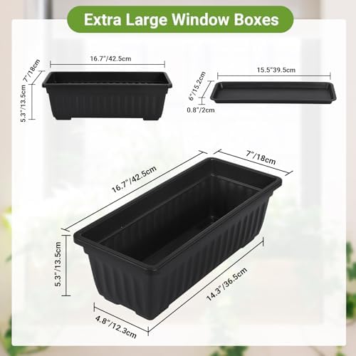 GREANER Rectangle Planters for Indoor Plants, 6 Pack 16.9x7.48 Inch Large Vegetable Flower Herb Window Boxes, Outdoor Plastic Growing Pots with Tray for House Windowsill Balcony Garden Use (Black) - Image 2