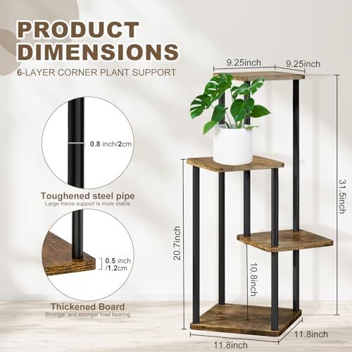 4 Tier Plant Stand Indoor, Thickened Metal Wood Corner Plant Shelf Stands for Multiple Plants, Indoor Tall Plants Stand Tiered Flower Holder for Living Room Patio Garden Balcony(Black+Brown) - Image 2