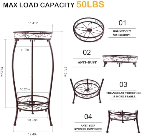 2 Pack 27.1" Plant Stands Indoor Outdoor – 2-Tier Metal Flower Pot Holders, Heavy Duty Rustproof Plant Shelf with Round Supports for Garden, Patio, Balcony, Corner Planters - Image 3