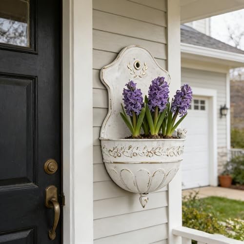 Vintage Rustic Wall Planter Distressed Decor Iron Hanging Plant Basket Shabby Metal Wall Mounted Flower Holder Pot Stand for Indoor Outdoor Home Balcony Patio Farmhouse Garden Decorative Bird White - Image 2