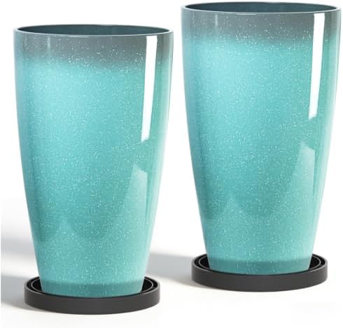 ZMTECH 21 Inch Tall Round Planters Set of 2, Large Plastic Flower Pots with Saucers and Drainage Holes, Plant Pots for Indoor Plants, Outdoor Patio & Porch Decor, Sky Blue with White Spots by HighQualityGardeningTools