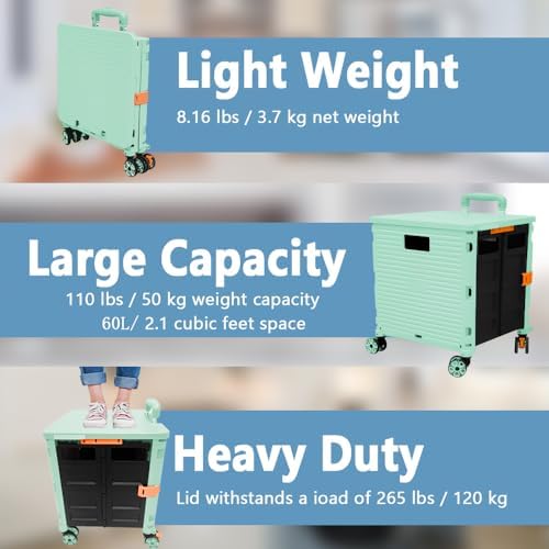 FELICON SELORSS Foldable Utility Cart Folding Portable Rolling Crate-Green - Image 3
