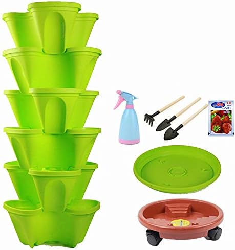 6 Tier Stacking Flower Pot Tower Stackable Vertical Plastic Garden Planter Vegetable Flower Strawberry Planter Pot-with Strawberry Seed and Garden Tool Set and Watering Can by Unknown