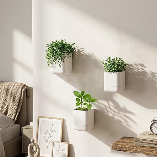 Phoenix Vine 3.5 Inch Wall Mounted Self-Watering Planter Pot for Indoor Houseplants and Herbs | Hanging Planter for Window Sills, Bathroom Walls, Home & Office Décor, Oatmeal, Set of 3, 01-A-G-3 - Image 2