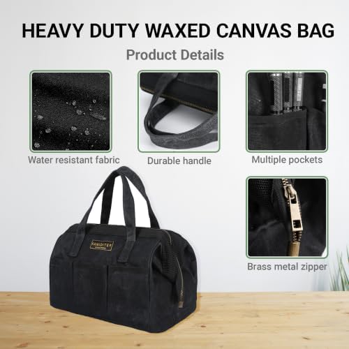 Tool Bag with Zipper, Heavy Duty 16oz Waxed Canvas Wide Mouth Tool Tote Bag, 13-inch Muti-Purpose Storage Tool Pouch with Side Pockets - Image 2