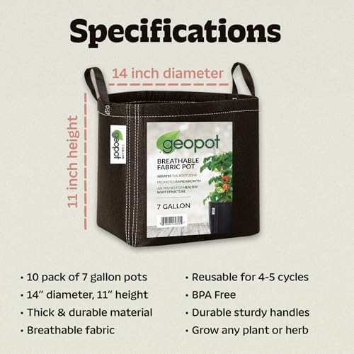 GeoPot 7 Gallon Fabric Grow Bags with Handles - 5-Pack - Black - Indoor/Outdoor - Aerated Fabric Pots for Vegetables, Herbs, Flowers & Houseplants - Image 2