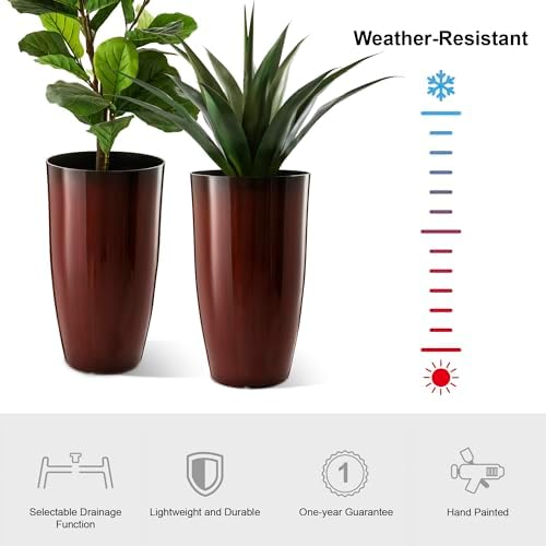 Glitzhome 23.5" H Oversized Tall Planter, Set of 2 Plastic Large Outdoor Planters with Drainage Holes, Gradient Red Faux Ceramic Finish, Large Flower Pots Round Plant Pots for Indoor Outdoor Patio - Image 5
