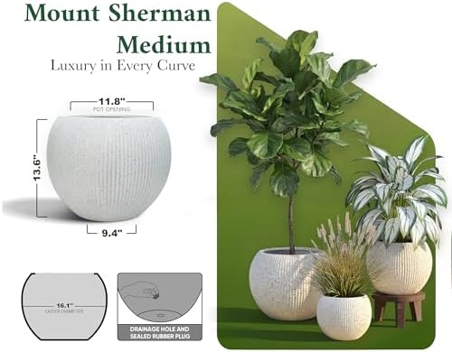 DTY Premium Mt Sherman Fiberstone Sphere Planter for Indoor Outdoor Use, Round Pot for Olive Tree, Lightweight, Smooth Finishes. 2 Coco Mats. Ribbed White, Medium 16.1'' D x 13.6'' H 11.8” Pot Opening - Image 2