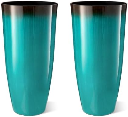 Glitzhome 30" H Tall Outdoor Planter, Set of 2 Large Tall Planters with Gradient Turquoise Faux Ceramic Finish, Plastic Large Flower Pots for Porch Garden Indoor All Season Decor,with Drainage Holes by Glitzhome