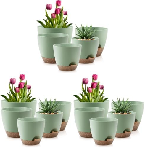 QRRICA Plant Pots 10/9/8/7.5/7 Inch Self Watering Pots, Set of 5 Plastic Planters with Drainage Holes and Saucers,Plastic Flower Pots,Nursery Planting Pot for Indoor Out Door Plants（Green） (Pack of 3) by QRRICA