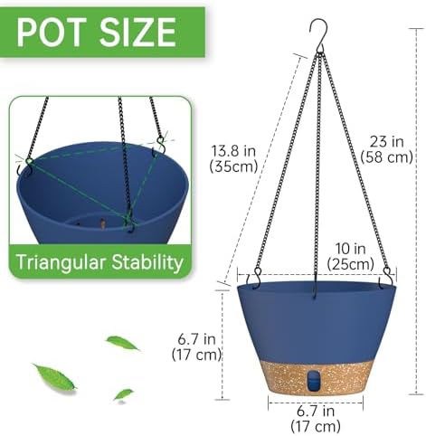 ZMTECH 2 Pack 10 Inch Hanging Baskets for Plants Outdoor Indoor, Modern Blue Planters with Water Level Window & Metal Chain for Balcony Patio Garden Home Decor - Image 2