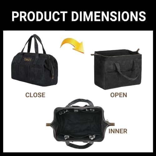 Tool Bag with Zipper, Heavy Duty 16oz Waxed Canvas Wide Mouth Tool Tote Bag, 13-inch Muti-Purpose Storage Tool Pouch with Side Pockets - Image 3