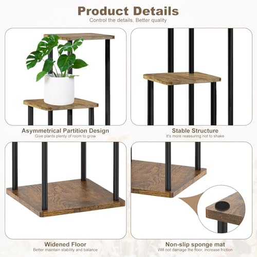 4 Tier Plant Stand Indoor, Thickened Metal Wood Corner Plant Shelf Stands for Multiple Plants, Indoor Tall Plants Stand Tiered Flower Holder for Living Room Patio Garden Balcony(Black+Brown) - Image 3