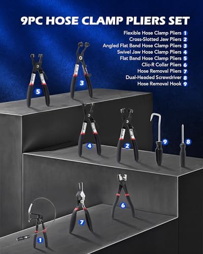 OMT Hose Clamp Pliers, 9Pc Automotive Remover Set With Flexible Wire - Image 2