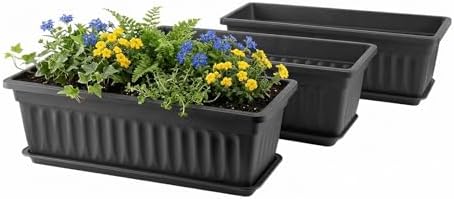 GREANER Rectangle Planters for Indoor Plants, 3 Pack Long Outdoor Plastic Flower Boxes Vegetable Growing Pots 16.9x7.48 Inch with Tray for Garden Balcony Windowsill House DIY - Black by GREANER
