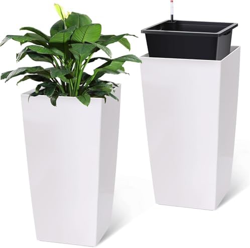 30 Inch Tall Planters Set of 2, Large White Indoor Outdoor Flower Pots for Front Porch, Modern Tall Plant Containers with Drainage Holes, Water Level Indicator & Inner Bucket, Patio Deck Balcony Decor by PioneerWorks